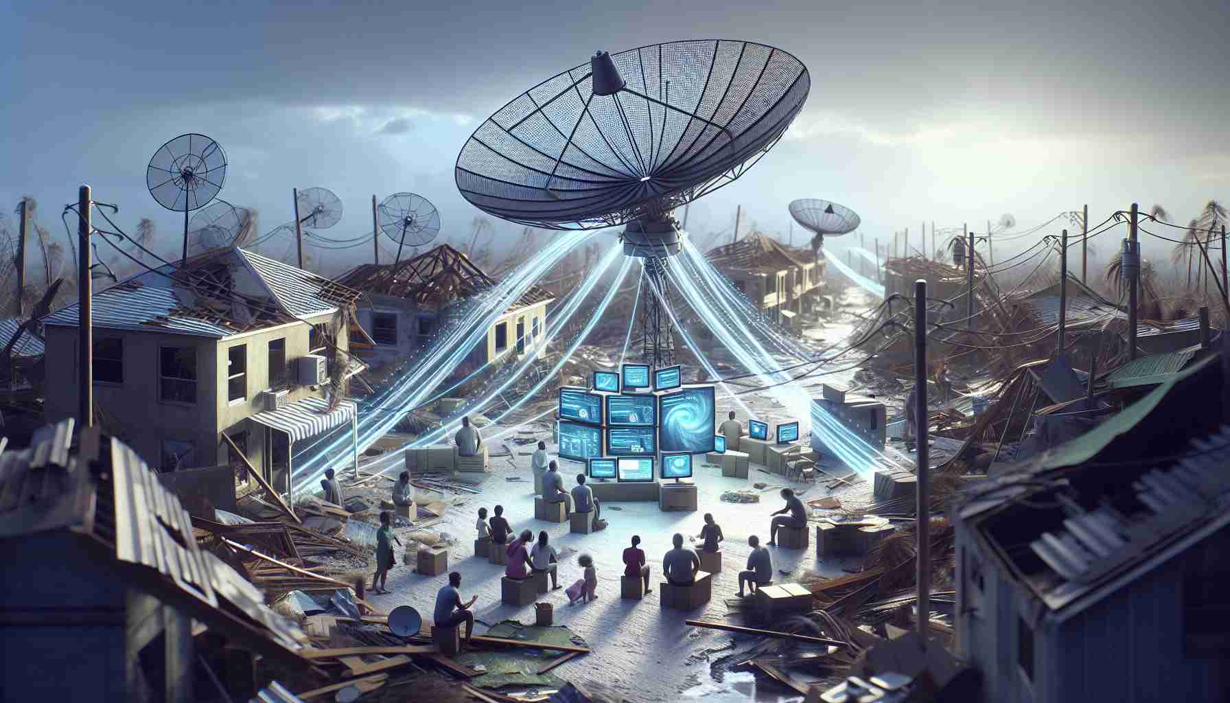 A high definition, photorealistic image showcasing a conceptual program for providing satellite internet services in a disaster-affected area. This technology is not specifically associated with any known entity. The program is designed to support recovery efforts after a hurricane. Visualize satellite dishes hastily placed on buildings amid the wreckage, with data signals visualized as beams reaching up to a network of satellites in the sky. Show people of diverse gender and ethnicity using devices to connect to this network, communicating with relief workers and receiving necessary information.