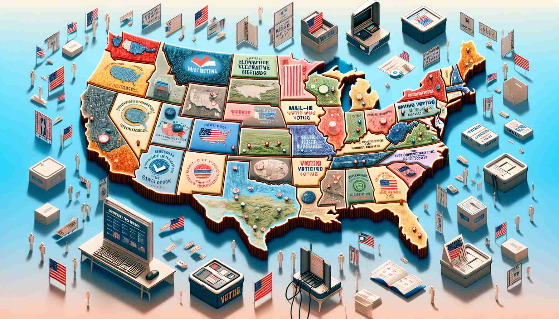 Generate a hyperrealistic, high-definition image displaying the concept of exploring alternative voting methods across different U.S. states. The image should visually represent a range of voting methods including electronic voting machines, paper ballots, mail-in voting, and early voting. Different geographical areas across the U.S. should be depicted (both urban and rural), along with distinct state boundaries to represent diversity in voting practices. Do not include any symbols or identifiers tied to specific political parties or individuals.