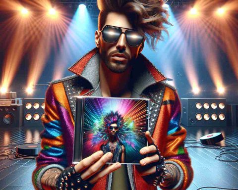 High definition realistic image of a bold and audacious artist releasing a mind-blowing new music album. The artist is charismatic, expressive and dressed in trendy, colorful attire, holding their artistically designed album in their hands with a stage backdrop showcasing bright lights and high tech sound equipment.