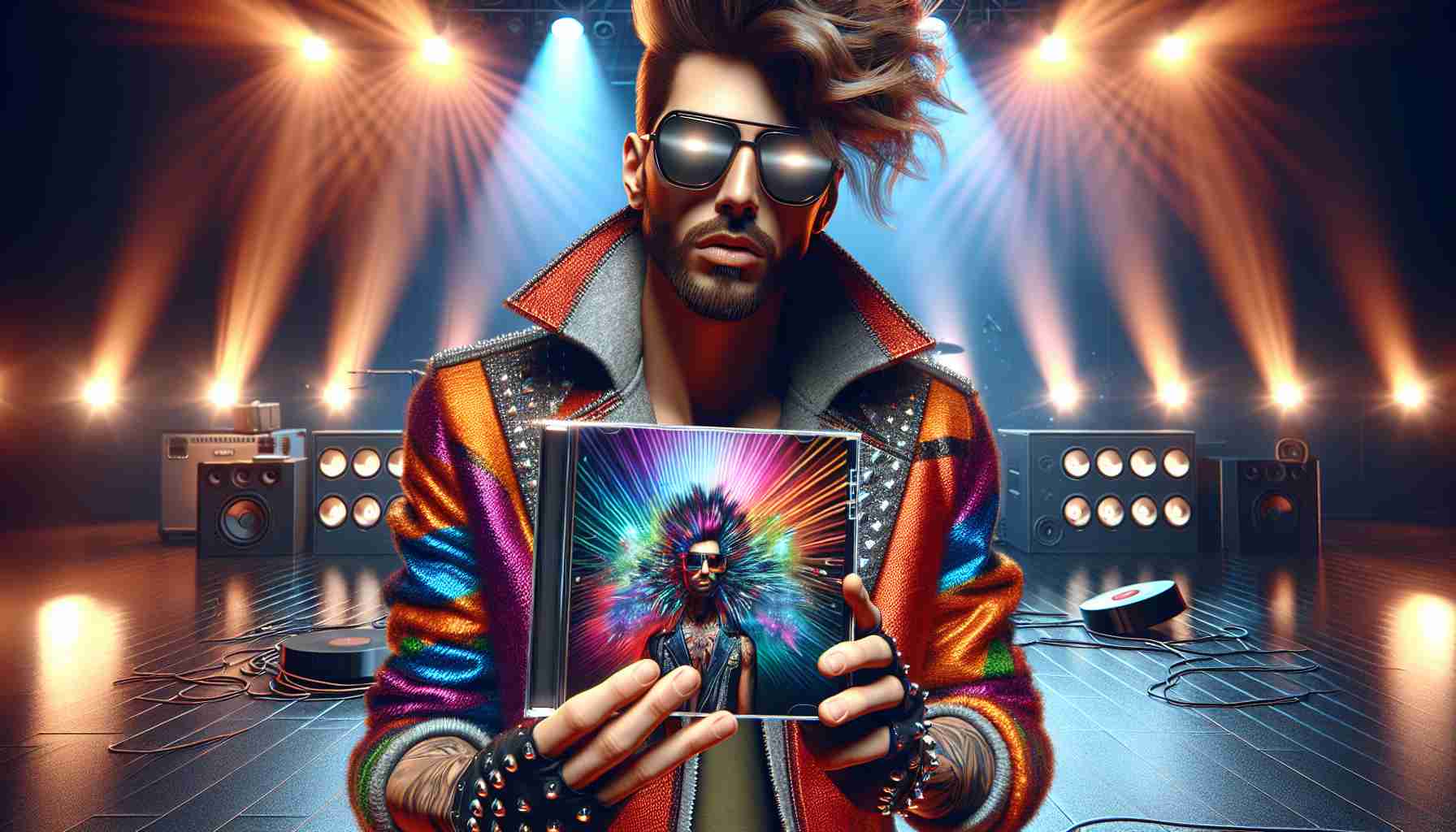 High definition realistic image of a bold and audacious artist releasing a mind-blowing new music album. The artist is charismatic, expressive and dressed in trendy, colorful attire, holding their artistically designed album in their hands with a stage backdrop showcasing bright lights and high tech sound equipment.