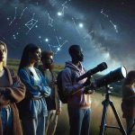 Realistic and high-definition image of a serene night in Hertfordshire, England. There is a clear sky and the glorious view of countless stars, constellations, and possible stellar formations are visible. A few individuals with diverse descents, a Hispanic woman, a Black man, and a Middle-Eastern woman, are present in the scene. They are equipped with telescopes and night sky maps, deeply engrossed in stargazing and exploring the celestial bodies above.