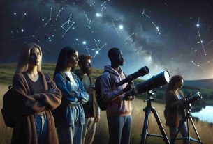 Realistic and high-definition image of a serene night in Hertfordshire, England. There is a clear sky and the glorious view of countless stars, constellations, and possible stellar formations are visible. A few individuals with diverse descents, a Hispanic woman, a Black man, and a Middle-Eastern woman, are present in the scene. They are equipped with telescopes and night sky maps, deeply engrossed in stargazing and exploring the celestial bodies above.