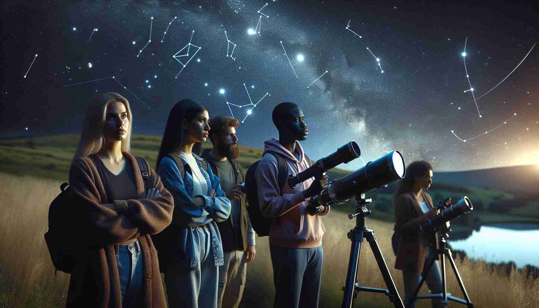 Realistic and high-definition image of a serene night in Hertfordshire, England. There is a clear sky and the glorious view of countless stars, constellations, and possible stellar formations are visible. A few individuals with diverse descents, a Hispanic woman, a Black man, and a Middle-Eastern woman, are present in the scene. They are equipped with telescopes and night sky maps, deeply engrossed in stargazing and exploring the celestial bodies above.