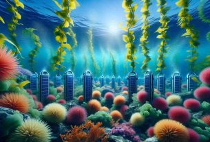 A highly detailed, realistic image capturing Innovative Energy Solutions Through Oceanic Flora. The scene should encompass an ocean landscape filled with vibrant undersea flora like sea kelp and corals. Among these plants, innovative energy-gathering devices should be visible, subtly integrated and harnessing power from the plant's photosynthesis processes or the movement of the waves. The image should convey a seamless synthesis of advanced technology and natural oceanic beauty, symbolizing the potential for sustainable energy solutions.