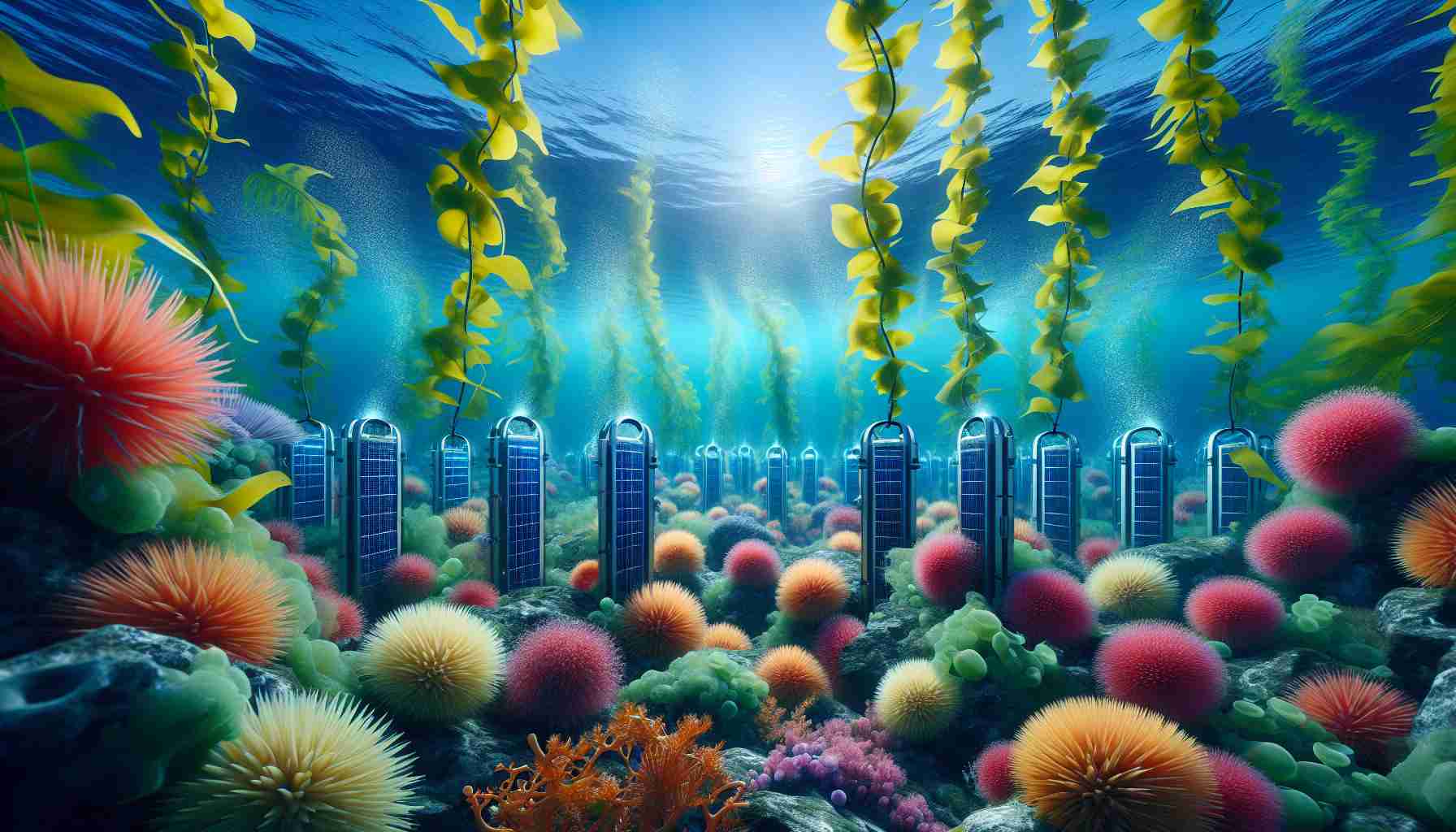 A highly detailed, realistic image capturing Innovative Energy Solutions Through Oceanic Flora. The scene should encompass an ocean landscape filled with vibrant undersea flora like sea kelp and corals. Among these plants, innovative energy-gathering devices should be visible, subtly integrated and harnessing power from the plant's photosynthesis processes or the movement of the waves. The image should convey a seamless synthesis of advanced technology and natural oceanic beauty, symbolizing the potential for sustainable energy solutions.