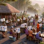 High-definition, hyper-realistic depiction of a tribal community engaged in the important act of voting. Illustrate this scene with attention to diverse age groups, from elderly individuals to young adults, each actively participating in the democratic process. Portray it in a rural setting, emphasizing traditional dwellings and natural landscapes. Show tactile voting systems and sign-language interpreters to emphasize accessibility. Include visuals to indicate the universality of voter rights: ballot boxes, states-provided voter information leaflets, brochures and indelible ink. Remember the emphasis on ensuring voter accessibility, highlighting means of transportation, ramps for wheelchairs, and sign language interpreters.