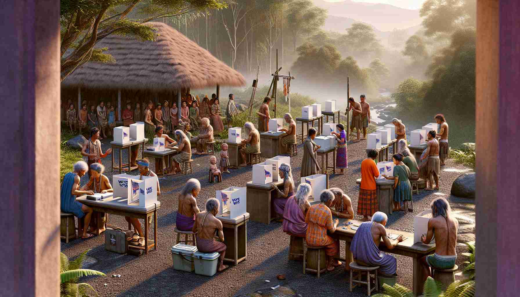 High-definition, hyper-realistic depiction of a tribal community engaged in the important act of voting. Illustrate this scene with attention to diverse age groups, from elderly individuals to young adults, each actively participating in the democratic process. Portray it in a rural setting, emphasizing traditional dwellings and natural landscapes. Show tactile voting systems and sign-language interpreters to emphasize accessibility. Include visuals to indicate the universality of voter rights: ballot boxes, states-provided voter information leaflets, brochures and indelible ink. Remember the emphasis on ensuring voter accessibility, highlighting means of transportation, ramps for wheelchairs, and sign language interpreters.