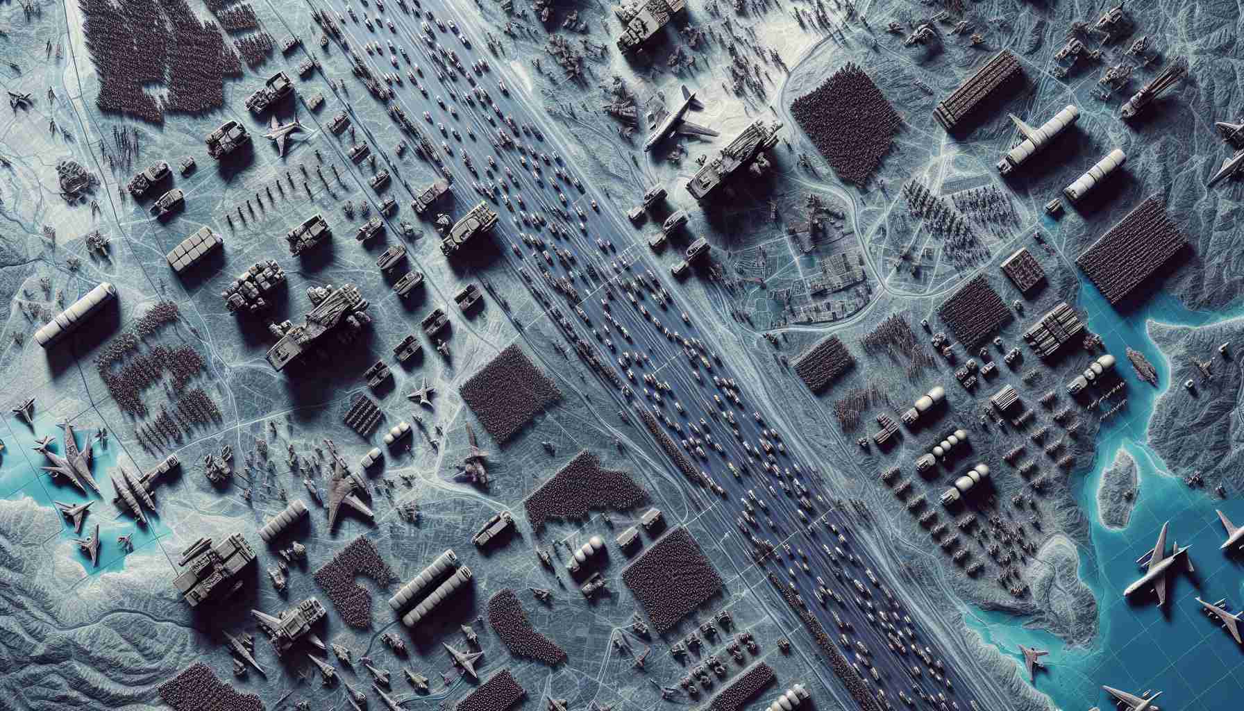 A detailed, high definition image of a hypothetical military deployment, visualized through satellite imagery. The scene shows an array of military equipment and personnel moving across a geographical expanse representative of a journey from North East Asia to Russia. It includes indicative elements such as transportation vehicles, weapons, and troops, all captured from a high-altitude perspective.