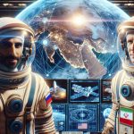 Generate a high-definition, realistic image showcasing a collaborative space endeavor between two countries symbolized by a Middle-Eastern man wearing a spacesuit, representing Iran, and a Caucasian man, also in a spacesuit, representing Russia. They are surrounded by space equipment, spacecraft blueprints, and a holographic image of the solar system, demonstrating their combined efforts in space exploration. Their location is a state-of-the-art space center with a view of Earth from a large, circular window in the background.