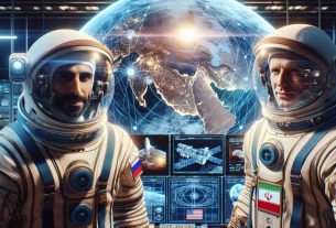 Generate a high-definition, realistic image showcasing a collaborative space endeavor between two countries symbolized by a Middle-Eastern man wearing a spacesuit, representing Iran, and a Caucasian man, also in a spacesuit, representing Russia. They are surrounded by space equipment, spacecraft blueprints, and a holographic image of the solar system, demonstrating their combined efforts in space exploration. Their location is a state-of-the-art space center with a view of Earth from a large, circular window in the background.