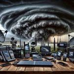 An image depicting a variety of satellite communication options set up for emergency conditions before an impending storm. A high-definition, realistic depiction showing an assortment of devices like portable satellite phones, antennas, and satellite-supported laptops, arranged well on a wooden table. In the background, menacing storm clouds approach, hinting at a natural emergency situation. The sky is darkening with overwhelming grey clouds and the environment gives a sense of urgency. The focus is on the strong, reliable technology against the foreboding backdrop of nature's fury.