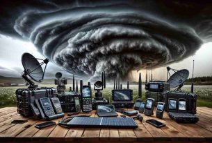 An image depicting a variety of satellite communication options set up for emergency conditions before an impending storm. A high-definition, realistic depiction showing an assortment of devices like portable satellite phones, antennas, and satellite-supported laptops, arranged well on a wooden table. In the background, menacing storm clouds approach, hinting at a natural emergency situation. The sky is darkening with overwhelming grey clouds and the environment gives a sense of urgency. The focus is on the strong, reliable technology against the foreboding backdrop of nature's fury.