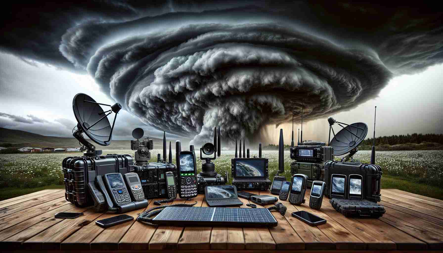 An image depicting a variety of satellite communication options set up for emergency conditions before an impending storm. A high-definition, realistic depiction showing an assortment of devices like portable satellite phones, antennas, and satellite-supported laptops, arranged well on a wooden table. In the background, menacing storm clouds approach, hinting at a natural emergency situation. The sky is darkening with overwhelming grey clouds and the environment gives a sense of urgency. The focus is on the strong, reliable technology against the foreboding backdrop of nature's fury.