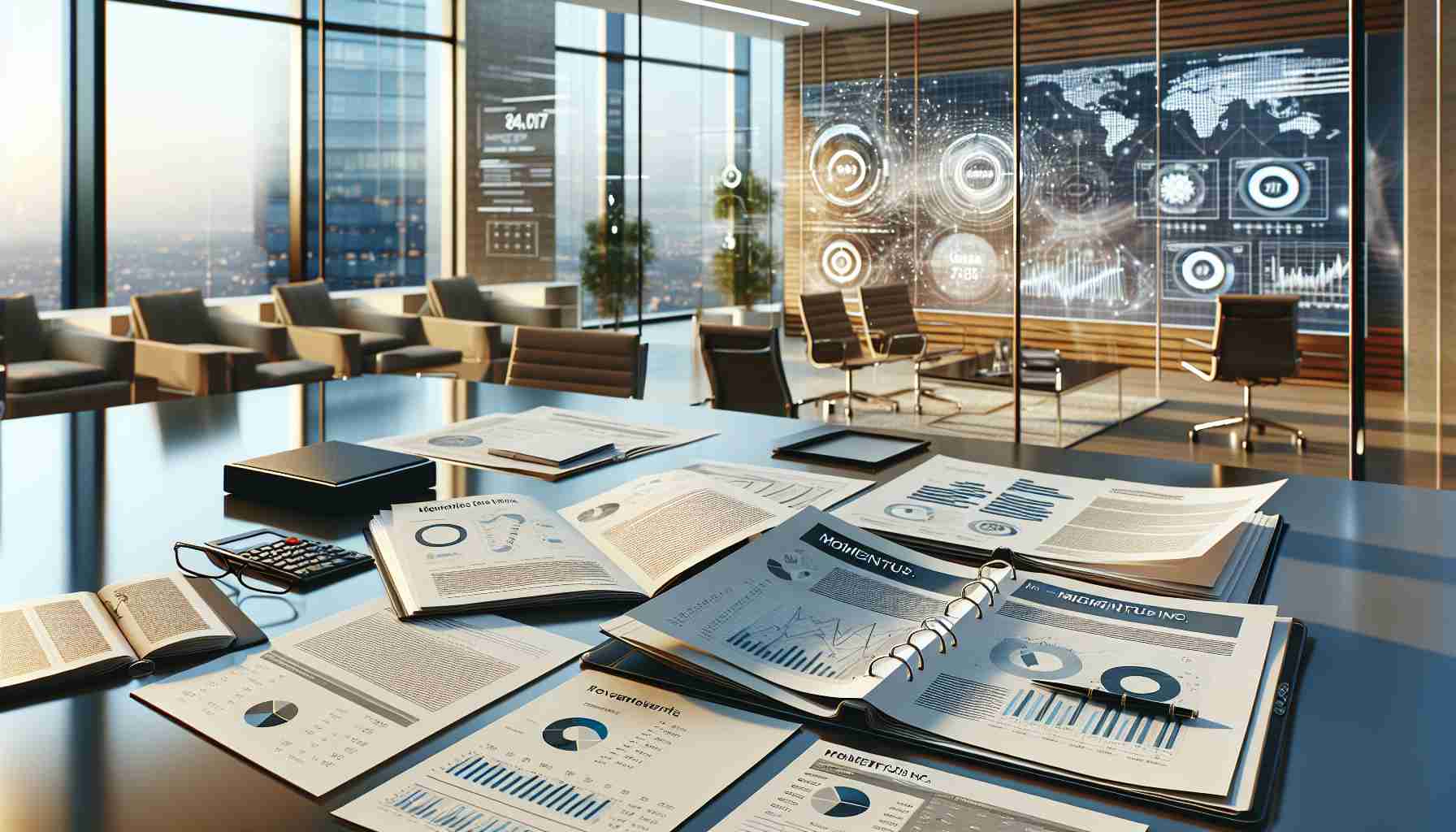 Realistic, high-definition image depicting a modern office setting, with documents spread across the table. These documents should emphasize a theme of recent developments and an overview of the financial landscape. The scene should project an atmosphere of strategic planning and corporate decision-making, with charts, graphs and other financial data prominently displayed. There should also be symbols of Momentus Inc., such as a logo or other branded elements, yet these elements must be generic and non-specific to avoid copyright issues.