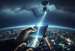 A high-definition, realistic image depicting the concept of revolutionizing communication. The scene should capture someone using a non-branded smartphone with a streamlined and minimalist design, similar to the typical aesthetics of modern smartphones, to send a text message. Beyond the phone, a visual representation of a satellite in space should be included. This can be shown as a signal or a beam shooting from the phone into the endless expanse of the starry sky above, symbolizing the satellite-assisted communication process. The setting could be an urban landscape at night, illustrating the fact that such technology allows communication from anywhere, at any time.