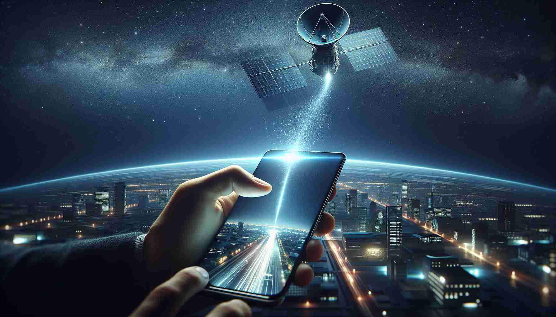 A high-definition, realistic image depicting the concept of revolutionizing communication. The scene should capture someone using a non-branded smartphone with a streamlined and minimalist design, similar to the typical aesthetics of modern smartphones, to send a text message. Beyond the phone, a visual representation of a satellite in space should be included. This can be shown as a signal or a beam shooting from the phone into the endless expanse of the starry sky above, symbolizing the satellite-assisted communication process. The setting could be an urban landscape at night, illustrating the fact that such technology allows communication from anywhere, at any time.