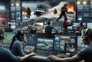 High-definition, realistic scene capturing the revolution in communication during times of natural disasters. Showcase diverse individuals actively involved in emergency situation: a Caucasian female rescuing crew leader, using advanced communication technology to coordinate rescue efforts; a Black male emergency operator, swiftly responding to distress calls through multi-channel communication devices; an Asian female drone operator monitoring a flood situation via live feed. The setting portrays a coordinated rescue command center buzzing with activity, amidst the backdrop of an ongoing natural disaster.