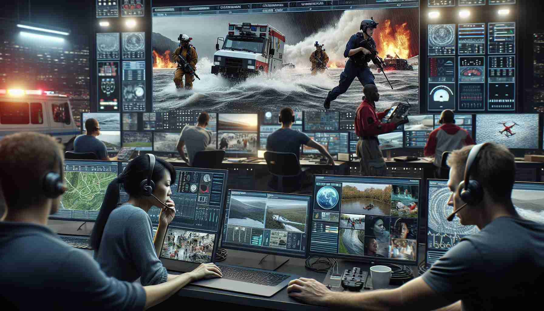 High-definition, realistic scene capturing the revolution in communication during times of natural disasters. Showcase diverse individuals actively involved in emergency situation: a Caucasian female rescuing crew leader, using advanced communication technology to coordinate rescue efforts; a Black male emergency operator, swiftly responding to distress calls through multi-channel communication devices; an Asian female drone operator monitoring a flood situation via live feed. The setting portrays a coordinated rescue command center buzzing with activity, amidst the backdrop of an ongoing natural disaster.