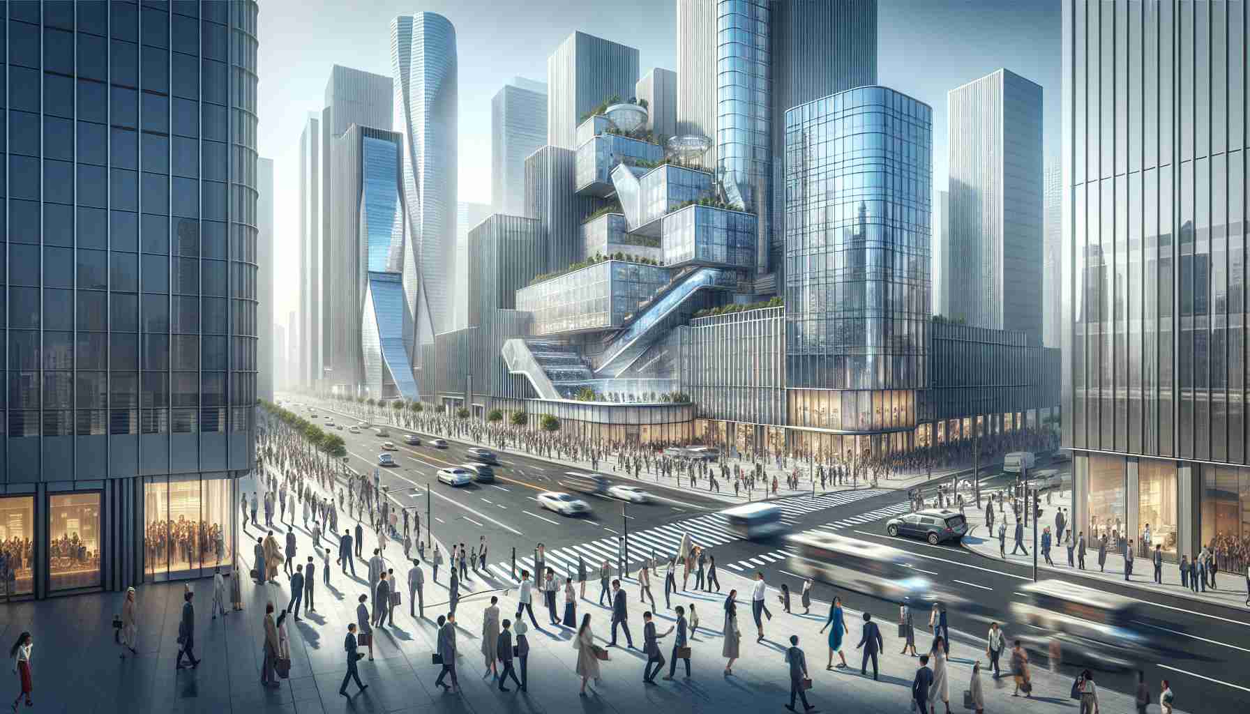 Create a hyperrealistic high-definition image of architects, with a balanced representation from various descents and genders, working together in the process of transforming a downtown district. The new cityscape should feature futuristic glass towers standing tall, reflecting the daylight and becoming a masterpiece of contemporary architecture. The scene should capture the evolution of the urban landscape filled with pedestrians of diverse descents and genders, and vehicles moving on busy streets, while the background should be a clear, blue sky.