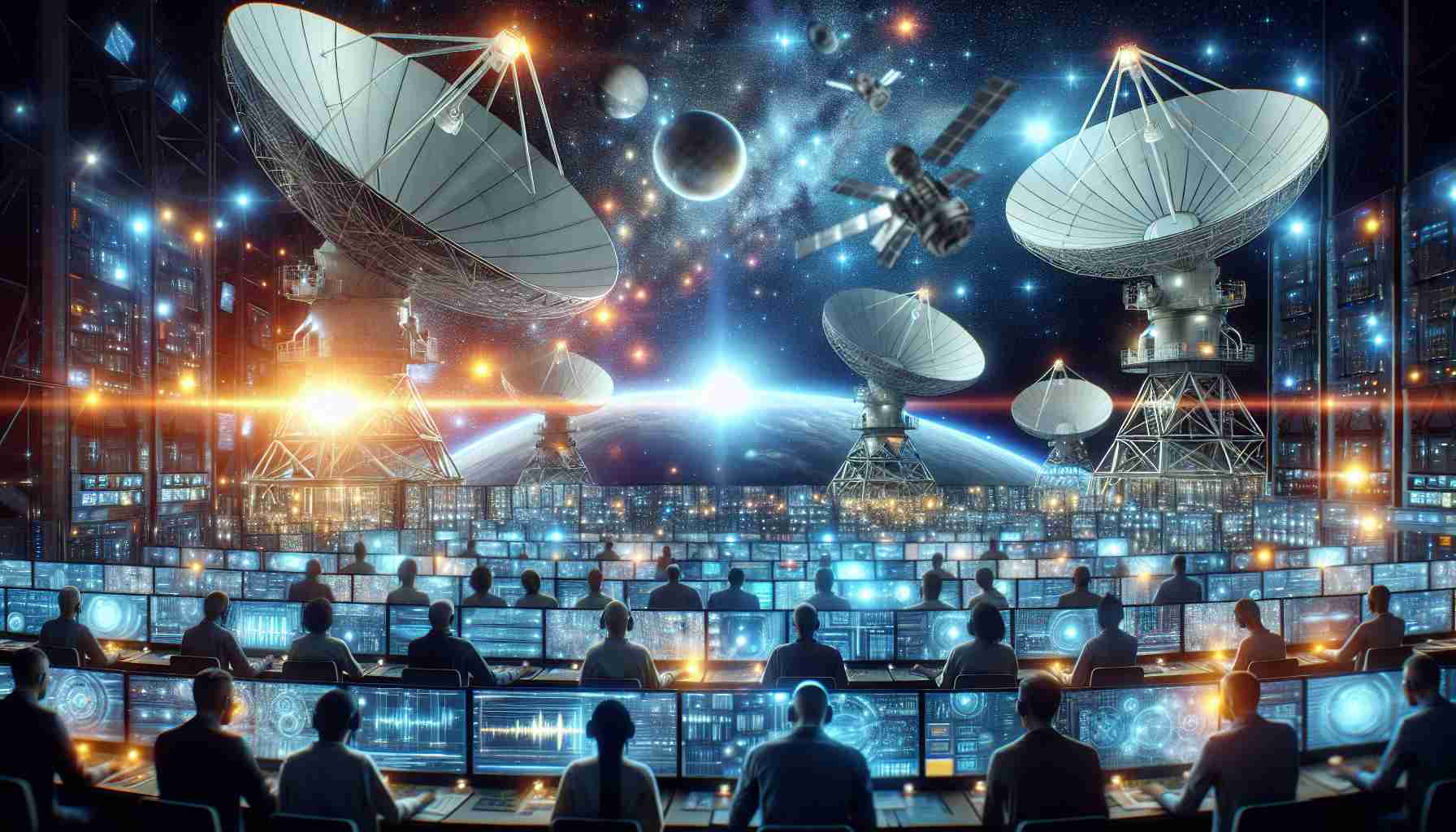 A hyper-realistic, high-definition image depicting cutting-edge communication systems that significantly transform satellite connectivity. The scene should incorporate a variety of advanced tech elements like large satellite dishes pointing towards a clear night sky, filled with radiant stars and satellites. Alongside, there should be a control room filled with diverse group of engineers represented by a mix of descents including Caucasian, Hispanic, Middle-Eastern, South Asian, and Black, both males and females, focused on multiple displays showing complex data. Emphasize glowing lights and dynamic energy to reflect the high-tempo and innovative aspects of this scenario.