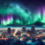 Create a realistic high-definition image capturing the enchanting northern lights visible in the night sky above Boise, Idaho. The vibrant green and purple hues of the Aurora Borealis illuminate the sky, casting a magical glow over the urban landscape below. The cityscape should reflect iconic architectural elements of Boise, including its high-rise buildings and expansive parks. Perhaps, people of variegated descents and genders, wrapped in warm clothes, are witnessing this magical panorama. The interplay of darkness, starlight, and the radiant northern lights paints an utterly surreal scene.