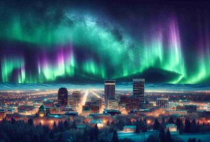 Create a realistic high-definition image capturing the enchanting northern lights visible in the night sky above Boise, Idaho. The vibrant green and purple hues of the Aurora Borealis illuminate the sky, casting a magical glow over the urban landscape below. The cityscape should reflect iconic architectural elements of Boise, including its high-rise buildings and expansive parks. Perhaps, people of variegated descents and genders, wrapped in warm clothes, are witnessing this magical panorama. The interplay of darkness, starlight, and the radiant northern lights paints an utterly surreal scene.