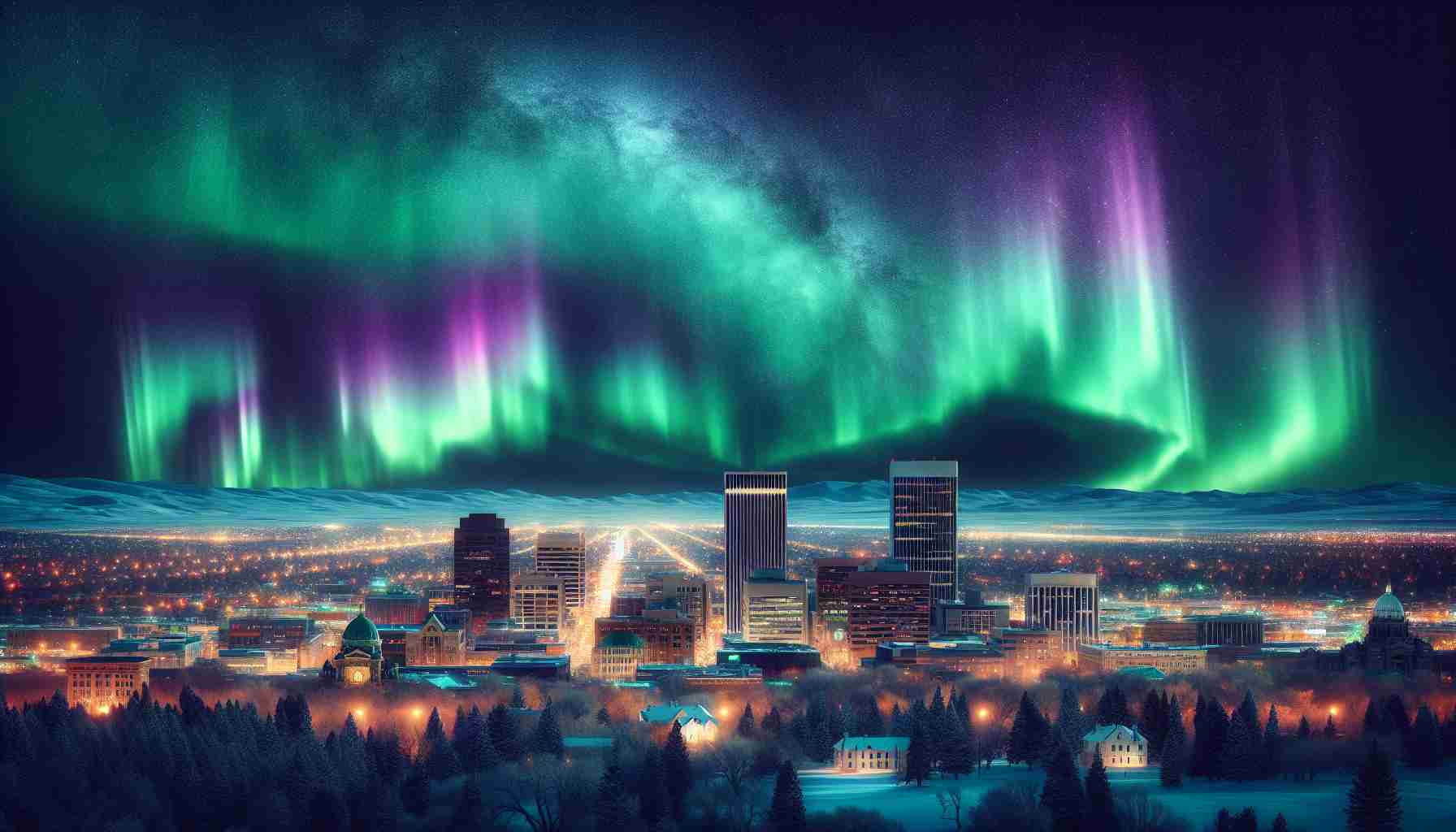 Create a realistic high-definition image capturing the enchanting northern lights visible in the night sky above Boise, Idaho. The vibrant green and purple hues of the Aurora Borealis illuminate the sky, casting a magical glow over the urban landscape below. The cityscape should reflect iconic architectural elements of Boise, including its high-rise buildings and expansive parks. Perhaps, people of variegated descents and genders, wrapped in warm clothes, are witnessing this magical panorama. The interplay of darkness, starlight, and the radiant northern lights paints an utterly surreal scene.