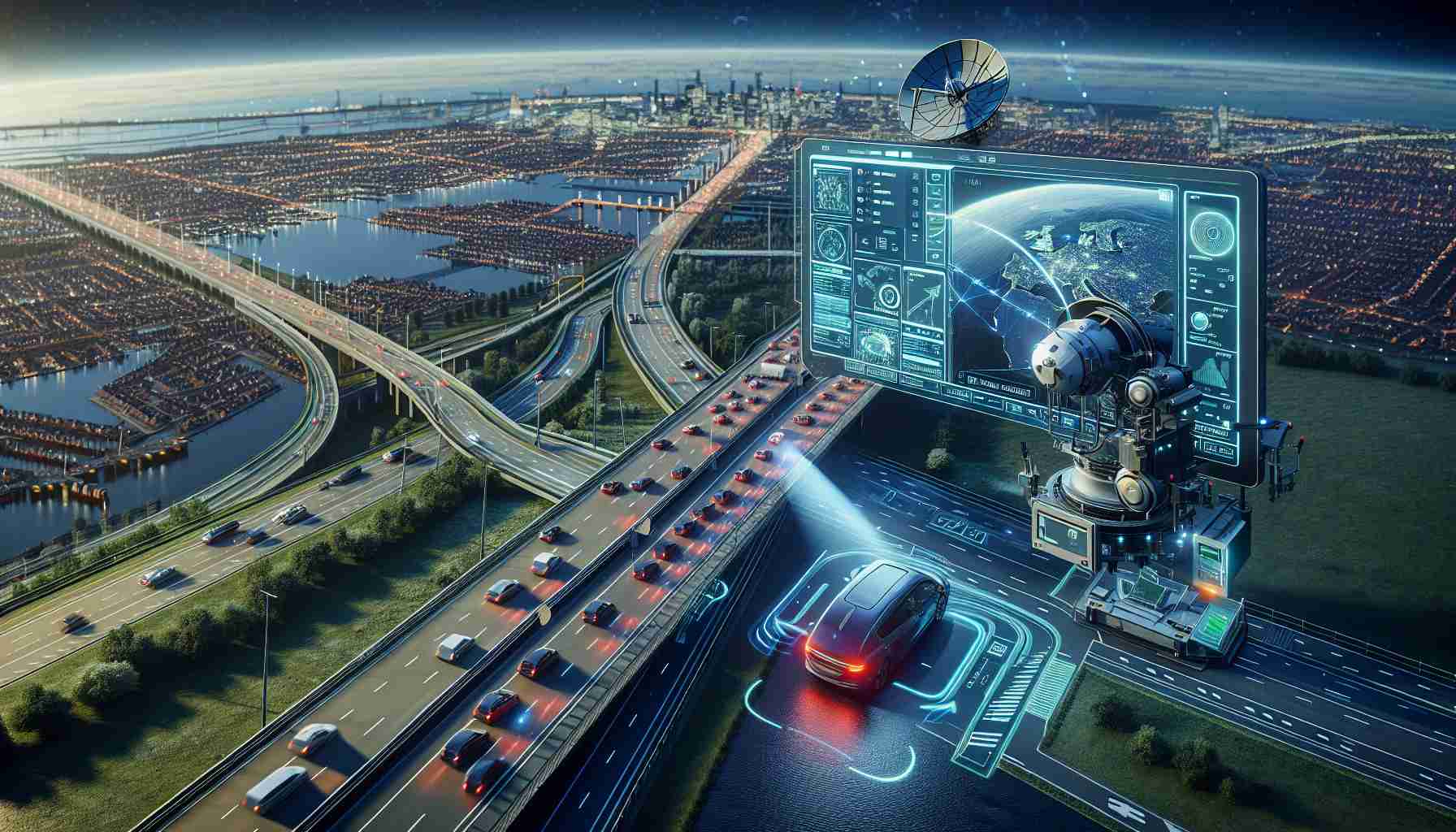 A high-definition realistic image showcasing a new satellite-based toll system. The scene is set in the Netherlands, with the intricate Dutch road network in the backdrop. The technology at play involves satellite imagery and advanced toll devices installed in the vehicles. The satellite system is positioned in the space providing a global overview, with visible signals indicating the operation of the toll system. The interface of the toll device inside a vehicle is also visible, showing how it communicates with the satellite and automates the toll process. The overall technology mix portrays a revolution in road network management.