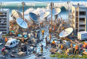 Realistic HD image demonstrating the true cost of providing free satellite internet to individuals who have been affected by hurricanes. Show various equipment involved such as satellite dishes, communication towers, computers, and people from different descents and genders working tirelessly to establish a network connection amidst the wreckage caused by the storm.