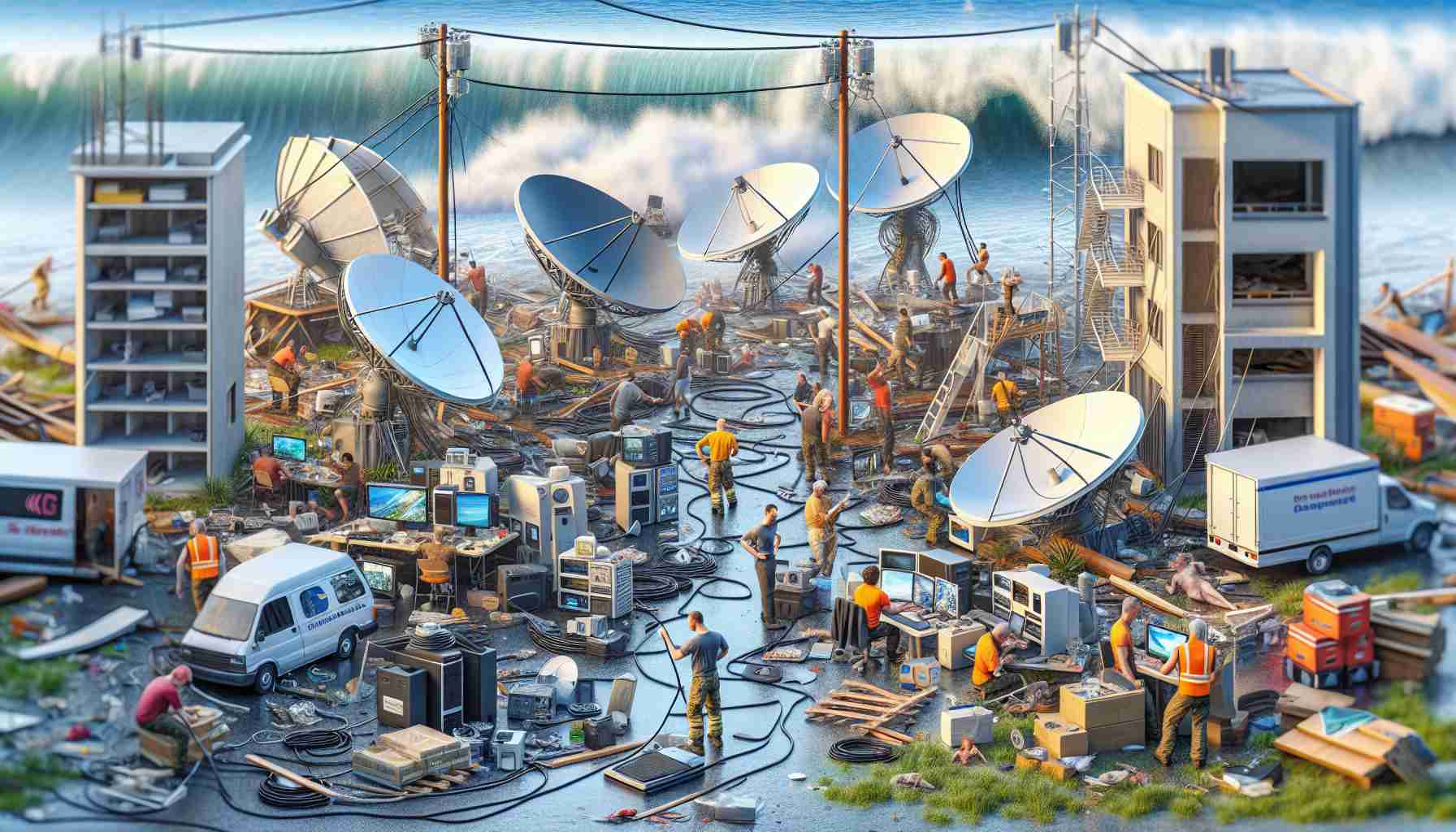 Realistic HD image demonstrating the true cost of providing free satellite internet to individuals who have been affected by hurricanes. Show various equipment involved such as satellite dishes, communication towers, computers, and people from different descents and genders working tirelessly to establish a network connection amidst the wreckage caused by the storm.