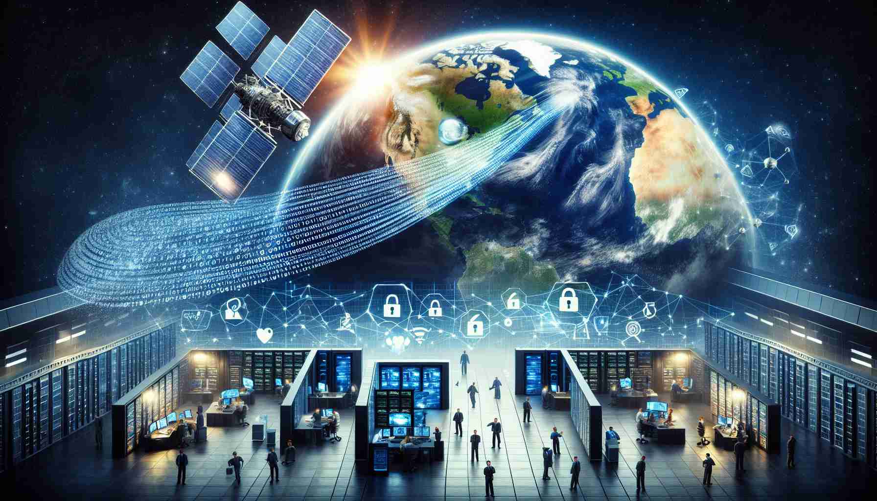 Generate a realistic, high-definition image depicting the concept of transforming cybersecurity in the field of satellite communications. Visualize a satellite in orbit around Earth, with binary codes streaming from it, symbolizing data transmission. On the ground, show a secure facility with individuals of mixed genders and various descents, such as Caucasian, Hispanic, and Middle-Eastern, working on advanced computing systems. Add elements like firewall icons and padlocks to signify enhanced security measures.