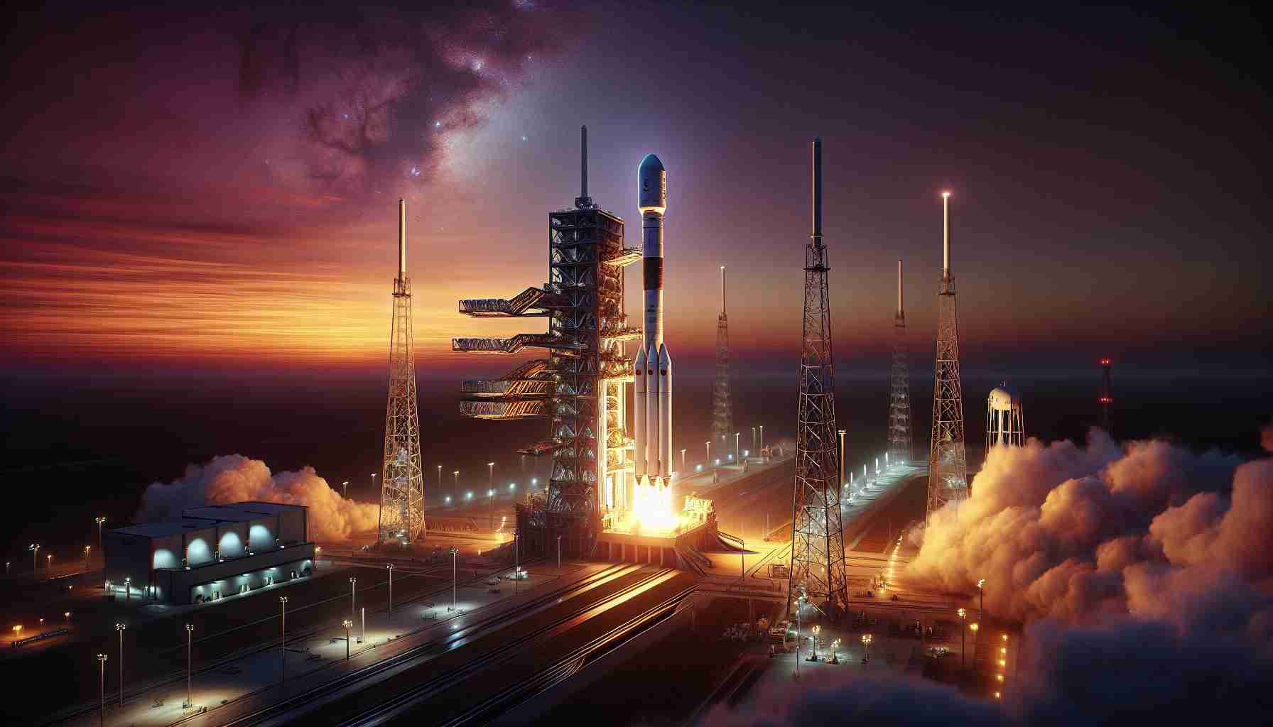 High-definition image capturing a riveting scene of a rocket launch scheduled for the next day. The rocket, tall and cylindrical, should be depicted on the launchpad with a fiery exhaust tail, indicating the starting of its engines. Surrounding the launchpad, infrastructure relevant to a rocket launch, like observation towers and fuel lines, should be shown. The sky should be showing the cusp of dawn with beautiful hues of oranges, reds, pinks, and purples intermingling to reflect the anticipation of the momentous event. The ambiance should buzz with the sheer excitement and anticipation of the launch event.