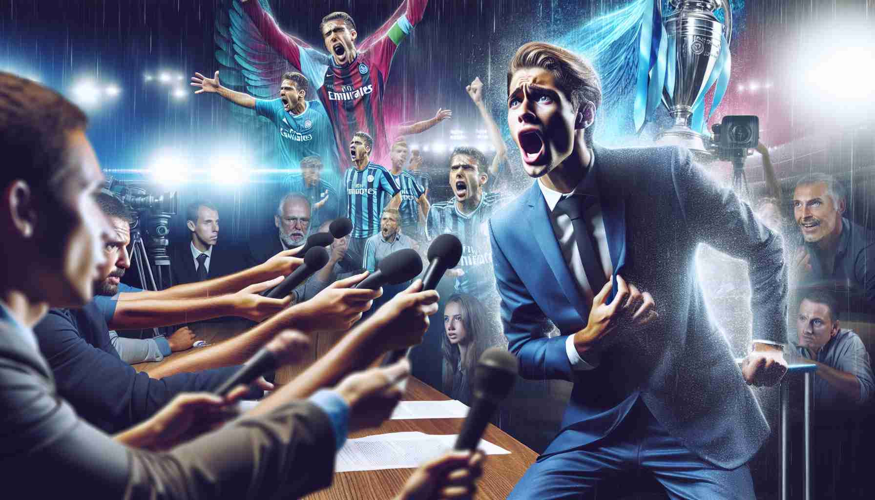 An evocative, high-definition scene conveying a shocking revelation: A rising star in the world of sports, possibly a soccer player, visibly emotional as they voice their frustration at their former club for supposedly holding them back in their career progression. The scene should vividly capture the mixture of determination and disappointment in the player's expression. The background should be a press room with reporters and microphones, symbolizing the public nature of the revelation.