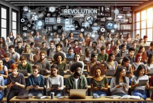 A hyper-realistic photograph representing revolution in communication among students. Showcase a diverse group of students from multiple descents including Caucasian, Hispanic, Black, Middle-Eastern, South Asian, and White, equally represented. The scene could be in a modern electronically equipped classroom or a common area. The primary focus should be on the students using various technological tools and platforms such as laptops, tablets, smartphones, digital whiteboards, and social media platforms for collaborative studies and discussions. Note the harmony, advanced technology, and equal representation in this cohesive learning environment.