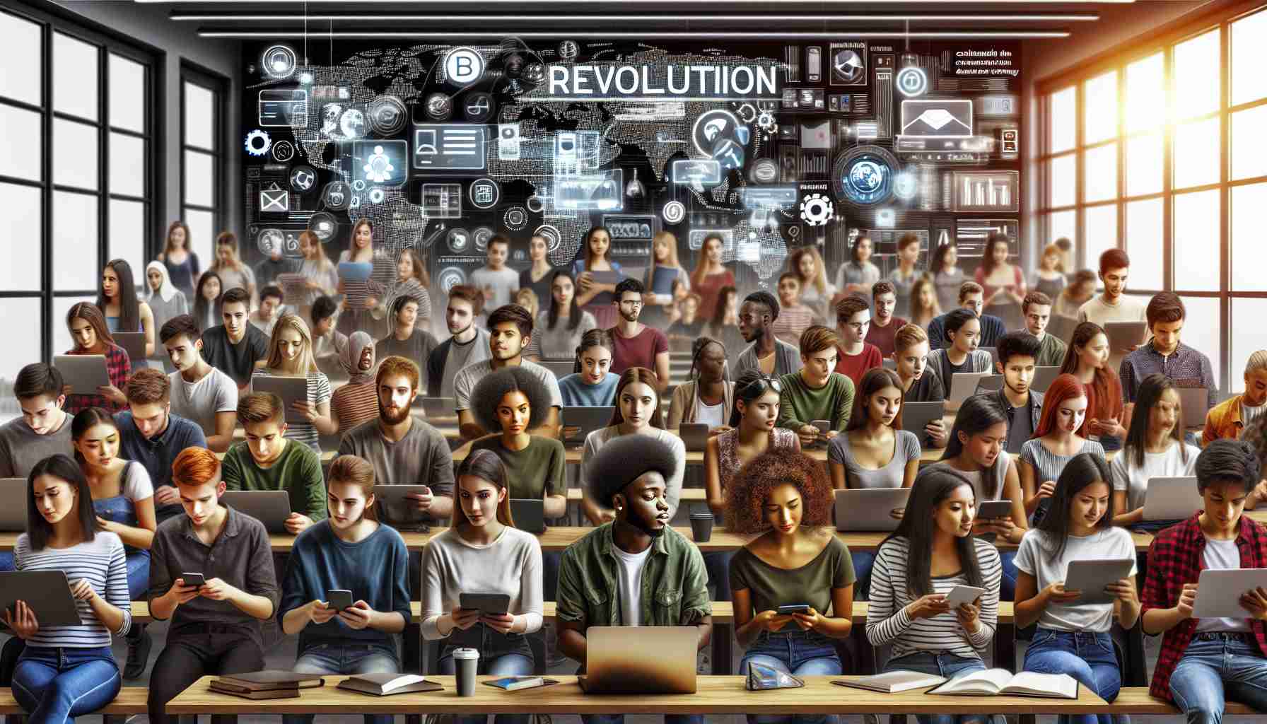 A hyper-realistic photograph representing revolution in communication among students. Showcase a diverse group of students from multiple descents including Caucasian, Hispanic, Black, Middle-Eastern, South Asian, and White, equally represented. The scene could be in a modern electronically equipped classroom or a common area. The primary focus should be on the students using various technological tools and platforms such as laptops, tablets, smartphones, digital whiteboards, and social media platforms for collaborative studies and discussions. Note the harmony, advanced technology, and equal representation in this cohesive learning environment.