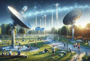 Realistic high-definition image depicting a scene of modern connectivity advancement: A suburban park with people enjoying various activities, like jogging and picnicking, and new high-speed internet infrastructure, symbolized by cutting-edge satellite dishes installed nearby. The sky overhead is clear, and one can see minuscule satellites gleaming in the orbital constellation, symbolizing the Starlink system. The atmosphere evokes a sense of communal progress and a leap into the modern digital age.