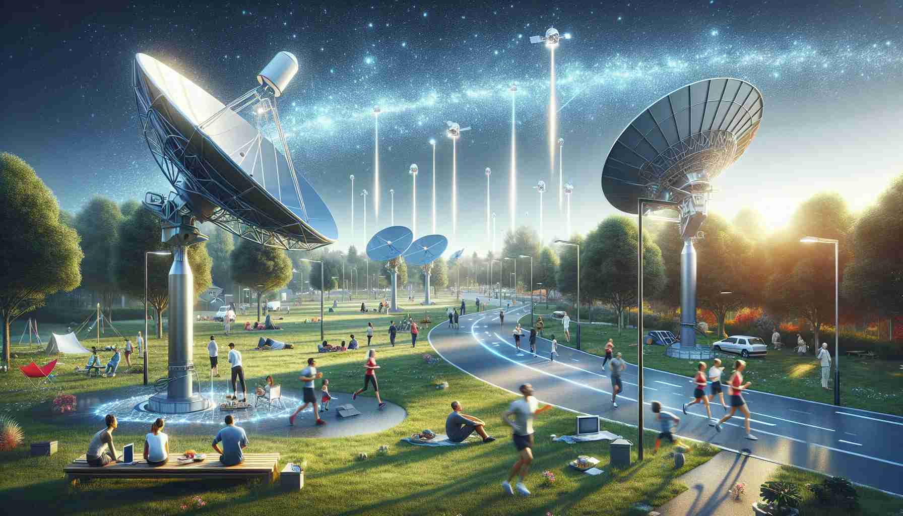 Realistic high-definition image depicting a scene of modern connectivity advancement: A suburban park with people enjoying various activities, like jogging and picnicking, and new high-speed internet infrastructure, symbolized by cutting-edge satellite dishes installed nearby. The sky overhead is clear, and one can see minuscule satellites gleaming in the orbital constellation, symbolizing the Starlink system. The atmosphere evokes a sense of communal progress and a leap into the modern digital age.