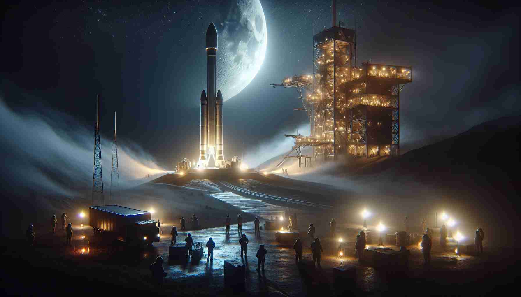 Create a realistic high definition image capturing the anticipation of a secret private space exploration mission set to launch tomorrow night. The scene should include an image of the moon and stars in the night sky and a futuristic rocket shrouded in moody lighting on the launch pad, with ground crew prepping for launch. The atmosphere should be thick with the tension of impending launch, and the men and women on the ground should reflect a mix of races and genders, communicating the idea that everyone has a role in this historic endeavour.