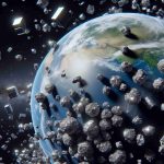 Realistic high-definition image showing space debris threatening Earth's orbit. The visual should depict an abundance of irregular-shaped metallic objects clustered in space, in varying sizes within close proximity of Earth. In the background, the vast blackness of the universe is punctuated by distant stars. The Earth looms largely in the view - it's blue, white, and green surface contrasting with the harsh, lifeless debris orbiting around it. Pitfalls of technological advancement and space exploration can also be subtly suggested in the imagery.