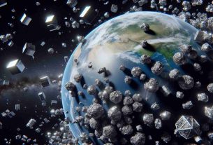 Realistic high-definition image showing space debris threatening Earth's orbit. The visual should depict an abundance of irregular-shaped metallic objects clustered in space, in varying sizes within close proximity of Earth. In the background, the vast blackness of the universe is punctuated by distant stars. The Earth looms largely in the view - it's blue, white, and green surface contrasting with the harsh, lifeless debris orbiting around it. Pitfalls of technological advancement and space exploration can also be subtly suggested in the imagery.