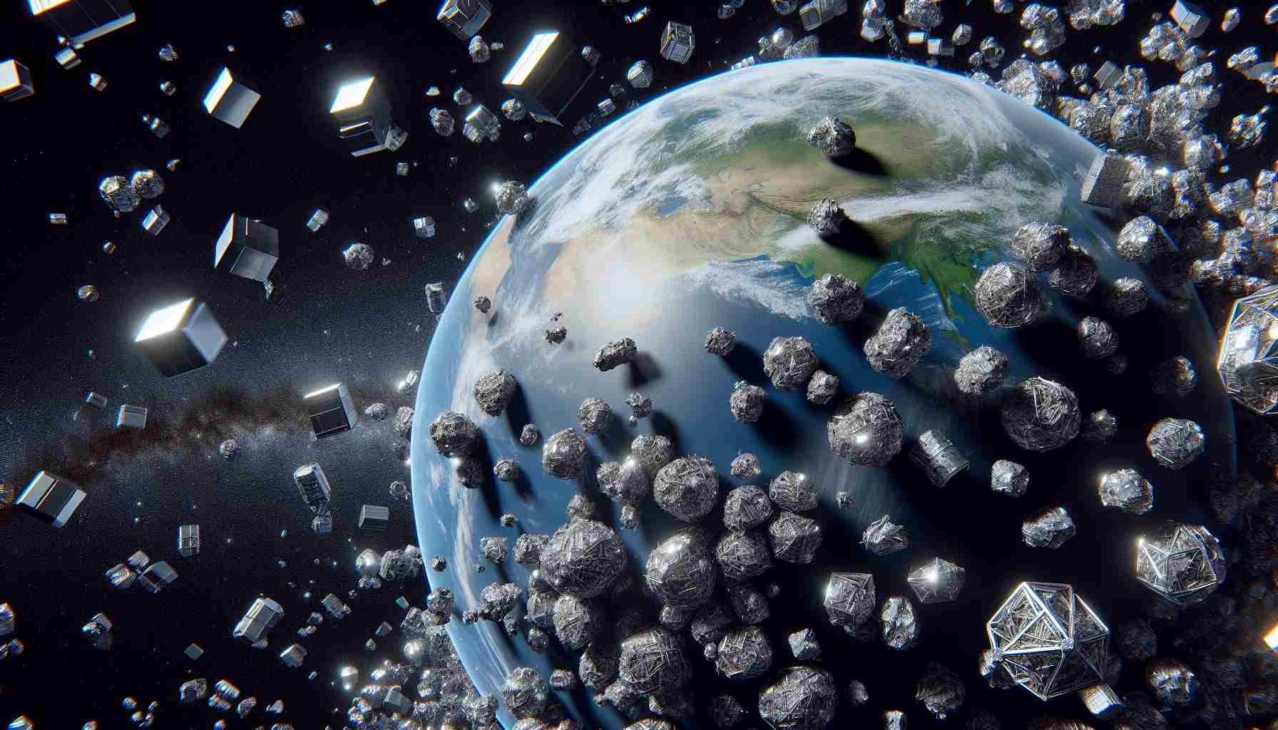 Realistic high-definition image showing space debris threatening Earth's orbit. The visual should depict an abundance of irregular-shaped metallic objects clustered in space, in varying sizes within close proximity of Earth. In the background, the vast blackness of the universe is punctuated by distant stars. The Earth looms largely in the view - it's blue, white, and green surface contrasting with the harsh, lifeless debris orbiting around it. Pitfalls of technological advancement and space exploration can also be subtly suggested in the imagery.