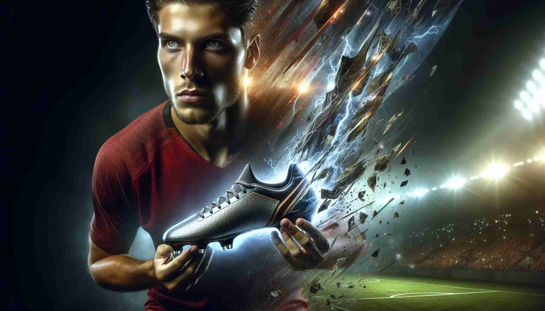 A realistic HD photo showcasing the revelation of a footballer's secret weapon, which may be a pair of specifically designed boots or a unique technique or training regimen that provides this player an edge in the game, depicted via a dramatic imagery.