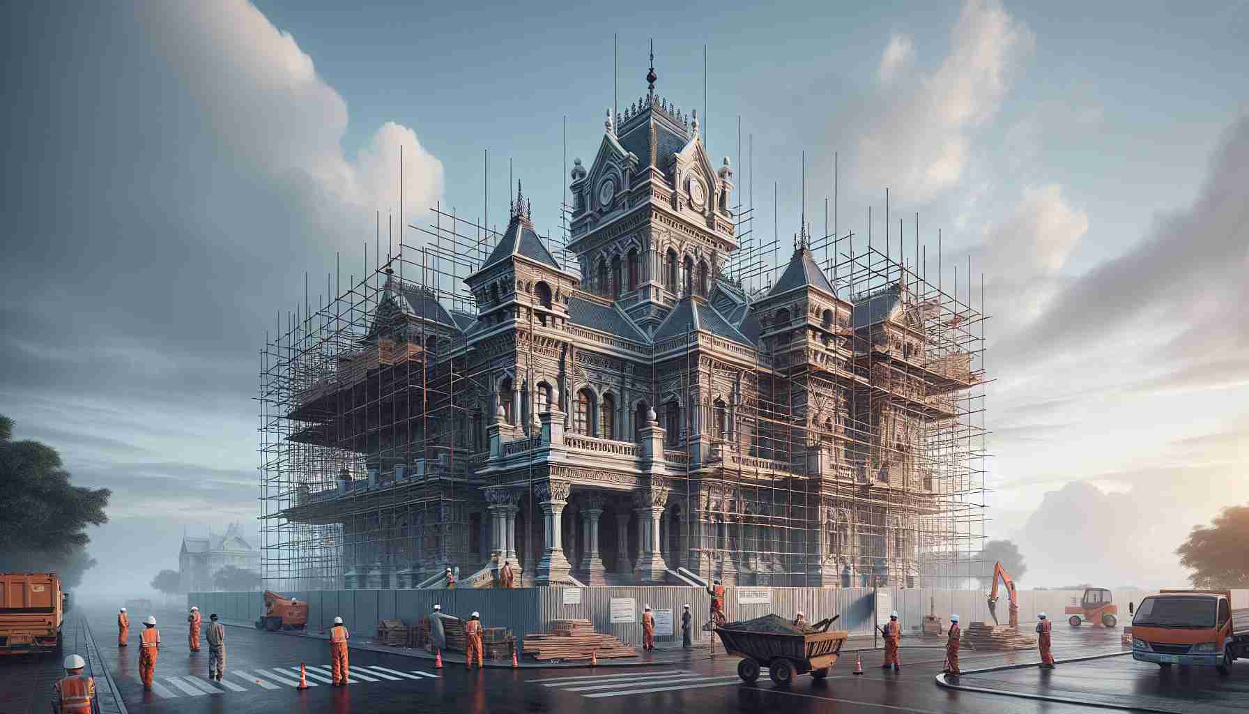 Generate a realistic high definition image of a historic landmark undergoing renovation. The landmark itself has traditional architecture with intricate details which reflect its historical significance. Construction scaffolding can be seen around it and some restoration workers are visible, paying respectful attention to their delicate and important task. The sky in the background is a mix of blues and whites, suggesting early morning work.