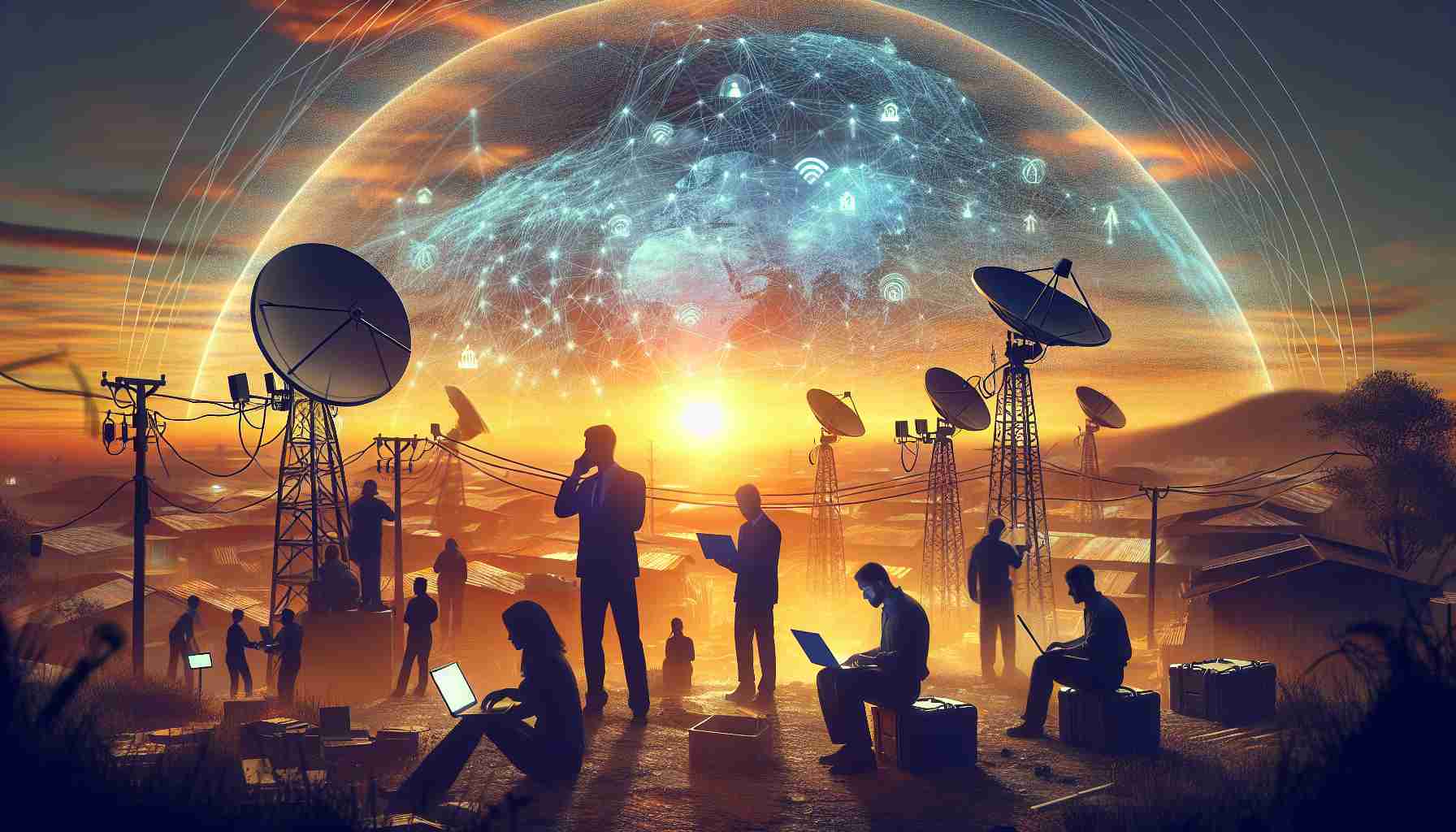 A high-definition, realistic image of the concept 'A New Dawn: Affordable Internet Solutions for Disaster Relief'. It depicts a sunrise breaking over a disaster-stricken area, with silhouette workers setting up internet equipment like satellite dishes and signals. On-site, a diverse team of troubling shooting engineers, including a Hispanic female and a Middle-Eastern male, are working on their laptops. The palpable optimism suggests a hopeful turn of events with the emergence of affordable technology in disaster relief scenarios.