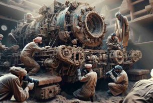 Generate a high-definition, realistic image of a scene where archaeologists are working diligently to uncover and understand captured military machinery. The picture captures the intensity of their work, the rugged texture of the aged military equipment, and the contrast between the old machinery and the modern observation tools employed by the researchers. The equipment is covered in layers of dust and dirt from years hidden away, and the researchers, a mix of Middle-Eastern and Hispanic men and women, look on with determination.