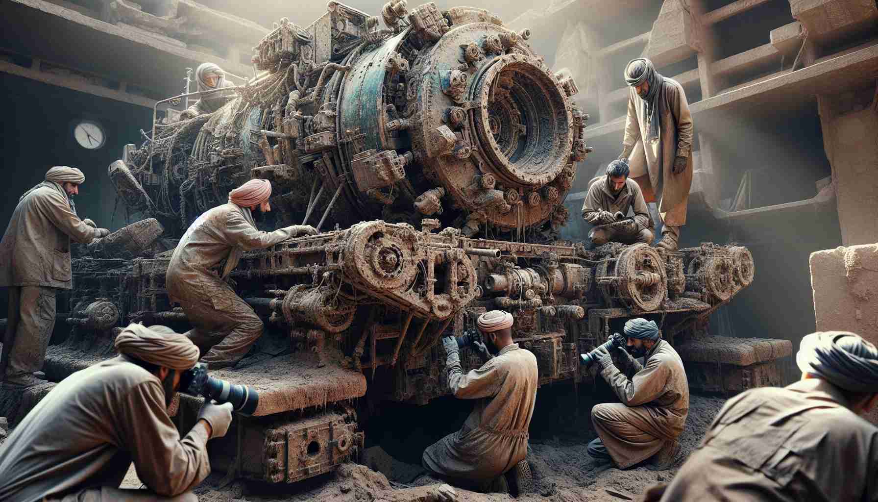 Generate a high-definition, realistic image of a scene where archaeologists are working diligently to uncover and understand captured military machinery. The picture captures the intensity of their work, the rugged texture of the aged military equipment, and the contrast between the old machinery and the modern observation tools employed by the researchers. The equipment is covered in layers of dust and dirt from years hidden away, and the researchers, a mix of Middle-Eastern and Hispanic men and women, look on with determination.