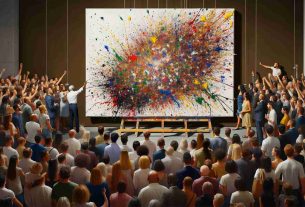 Generate a realistic, high-definition image of a controversial tribute showcasing artistic expression. In this image, there should be a large white canvas held by a set of wooden easels, splashed with vibrant paints in spontaneous patterns. A mixed crowd of onlookers, a diverse mix of Caucasian, Hispanic, Black, Middle-Eastern, and South Asian individuals of various genders, should be surrounding the canvas. Some are in awe, while others wear expressions of displeasure, highlighting the controversy involved. The background could be an artistic gallery with low, ambient lighting that emphasizes the controversial canvas.