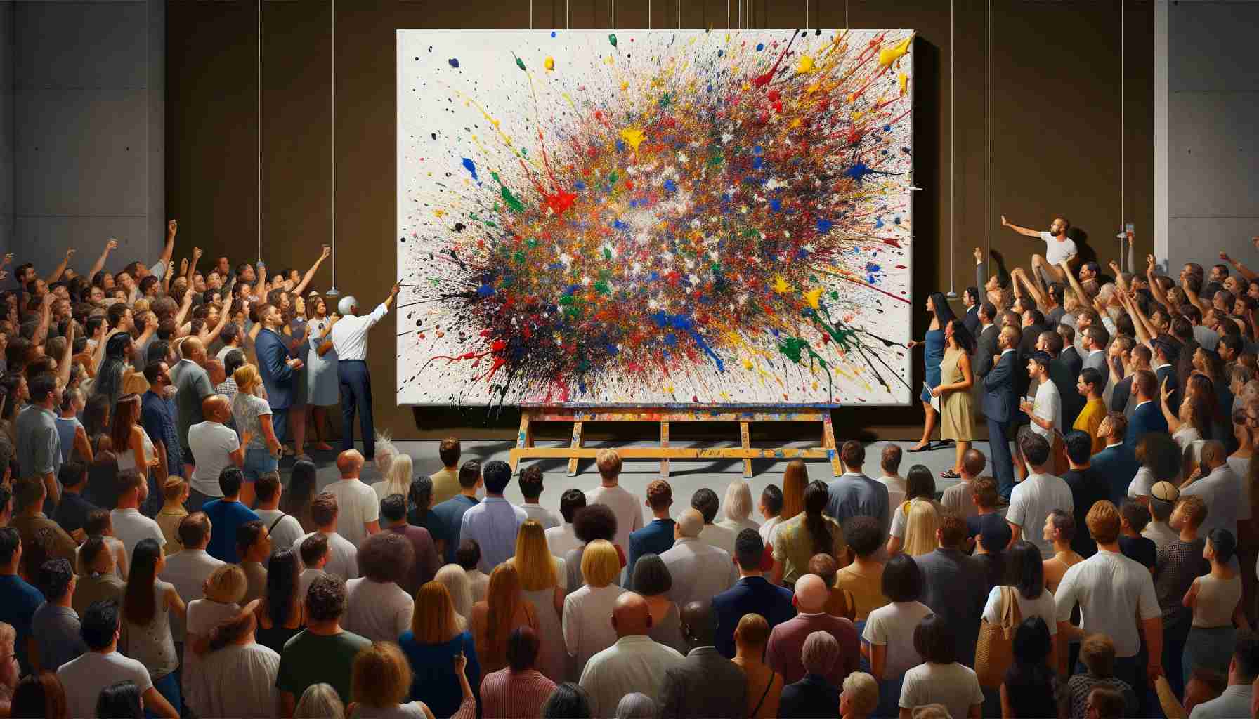 Generate a realistic, high-definition image of a controversial tribute showcasing artistic expression. In this image, there should be a large white canvas held by a set of wooden easels, splashed with vibrant paints in spontaneous patterns. A mixed crowd of onlookers, a diverse mix of Caucasian, Hispanic, Black, Middle-Eastern, and South Asian individuals of various genders, should be surrounding the canvas. Some are in awe, while others wear expressions of displeasure, highlighting the controversy involved. The background could be an artistic gallery with low, ambient lighting that emphasizes the controversial canvas.