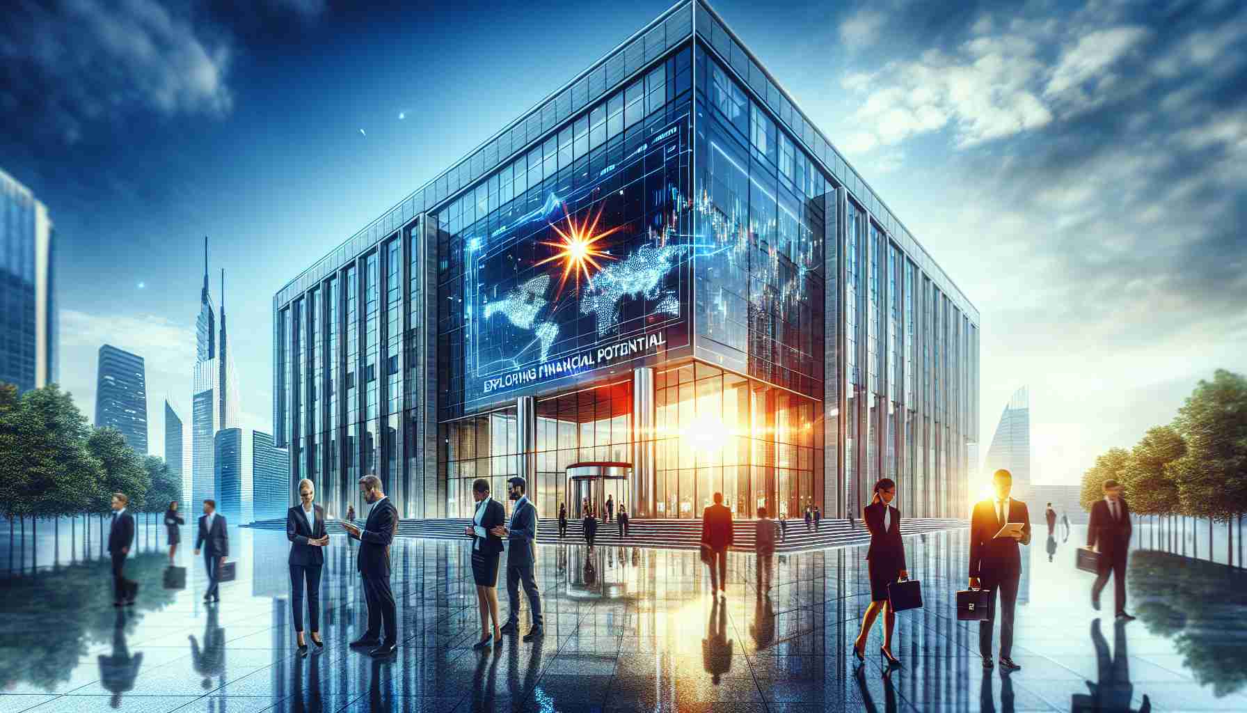 An HD photograph that reflects the concept of exploring financial potential. Picture a dynamic corporate setting symbolizing the 'Nova Star Corporation'. There should be a state-of-the-art office building glistening under the morning sky. The entrance is bustling with a diverse group of employees – a Caucasian male executive, a Black female in contemporary business attire, and a Middle-Eastern male analyzing the stock market on his tablet. A banner across the entrance exclaims, 'Exploring Financial Potential'. There's also a logo representing a nova star shining brightly, symbolizing innovation and ambition.