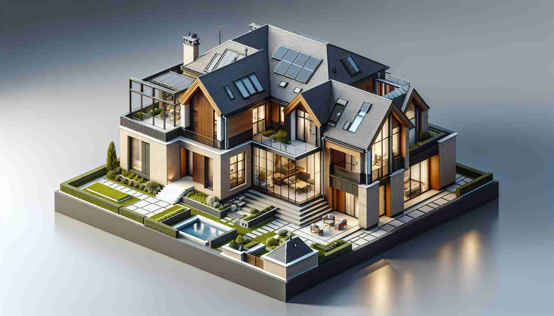 Generate a high-definition, realistic image of a residential building that incorporates a modern design twist. The house should blend traditional architectural elements such as a gabled roof, brick façade, large windows, and wooden doors, with innovative elements like a unique geometric layout, a rooftop garden, renewable energy sources like solar panels, and large expanses of glass for natural lighting. The image should reflect a sense of contemporary luxury and sustainability, showcasing the harmony between classic and modern aesthetics in residential architecture.